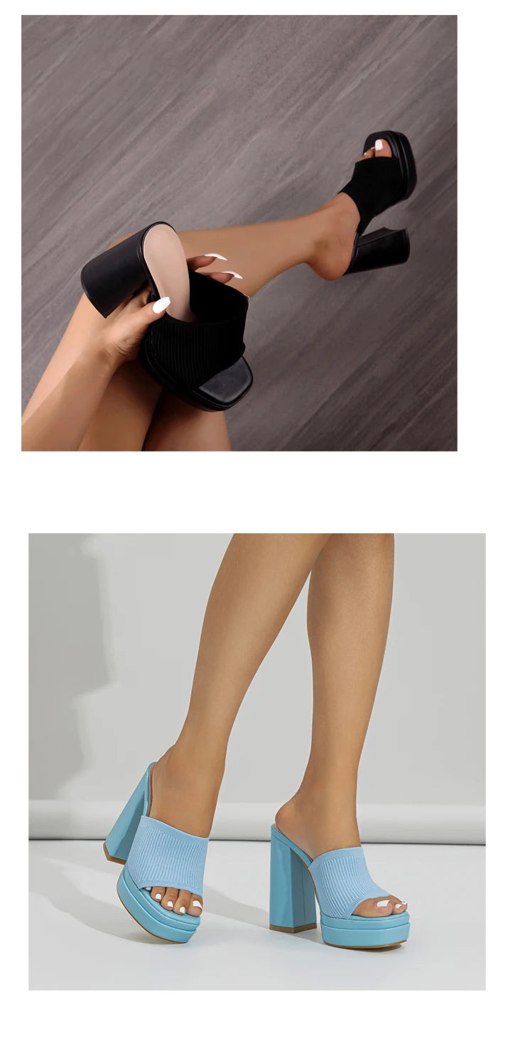 Aneikeh Sexy Knitted Woolen Chunky Platform Sandal Heels Women's Peep Toe High Heel Summer Nude Party Dress Mules Sandals Shoes