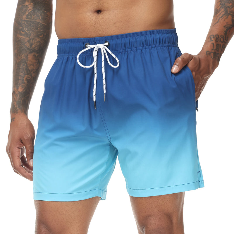 Men's Swim Trunks Gradient Swimming Shorts Quick Dry Beach Shorts with Zipper Pockets and Mesh Lining Fashion Swimsuit for Men