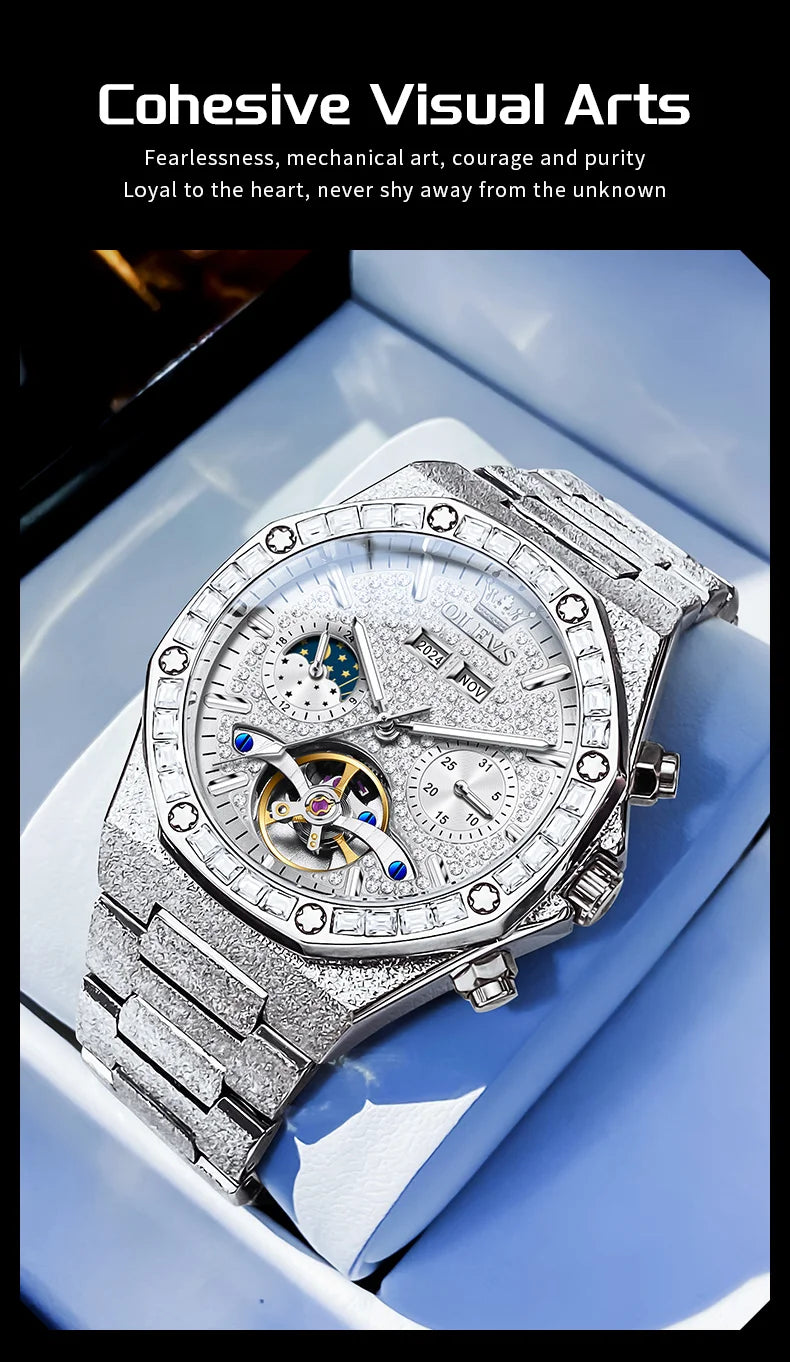 OLEVS 9805 High end Men Watches  Waterproof Moon Phase Diamond Dial Fashion Luxury Mechanical Watch Skeleton Original Wristwatch