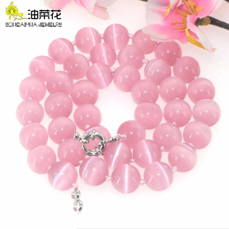 Beautiful Natural Stone 10mm Pink Mexican Opal Cat's Eye Necklace Woman Gifts for Girls Christmas Jewelry Make Design Wholesale