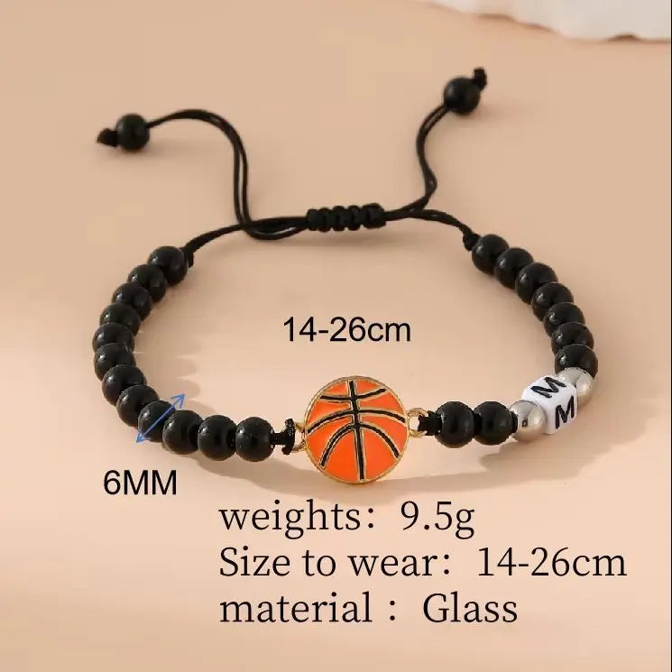 ZIRUISP New Basketball  Black Shiny Beads Bracelets For Men And Women With 26 Name Initials A-Z  Jewelry Gifts