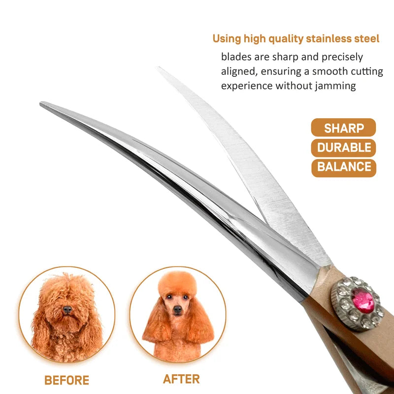 Professional Curved Dog Grooming Scissors 440C Stainless Steel Pet Cutting Shears Safety Trimming For Dogs Cats