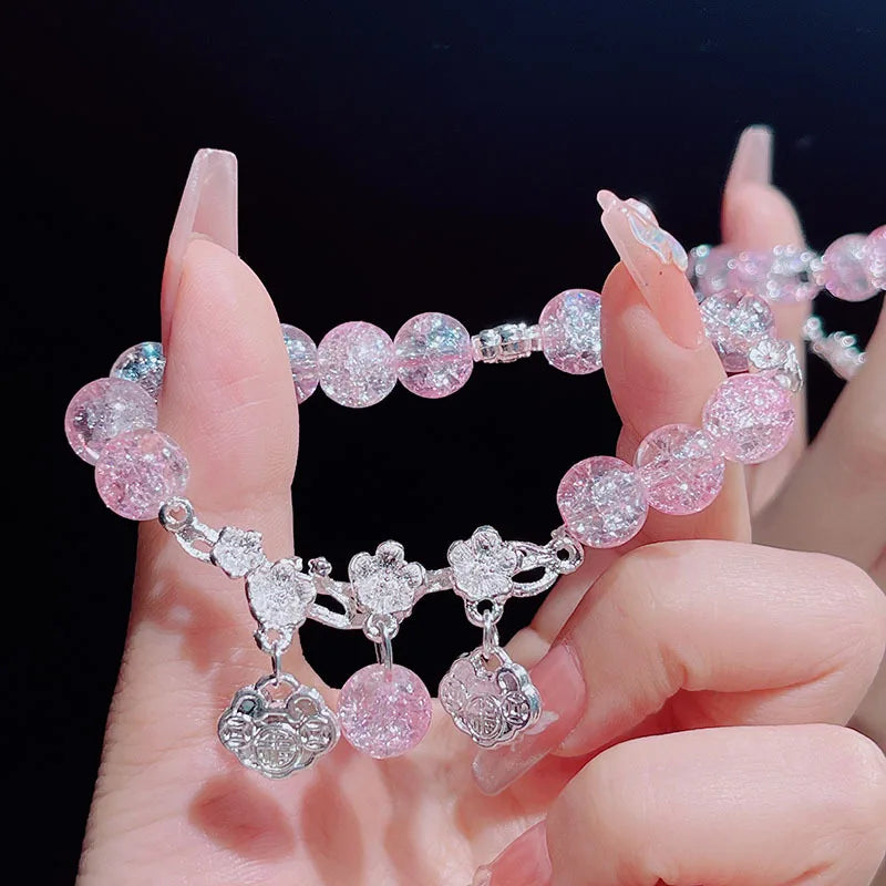 Lovely Women Hand Bracelets Butterfly Heart Bell Tassel Lock Ice Cracked Beaded Glass Beads Stretch Bangle Student Jewelry 1164