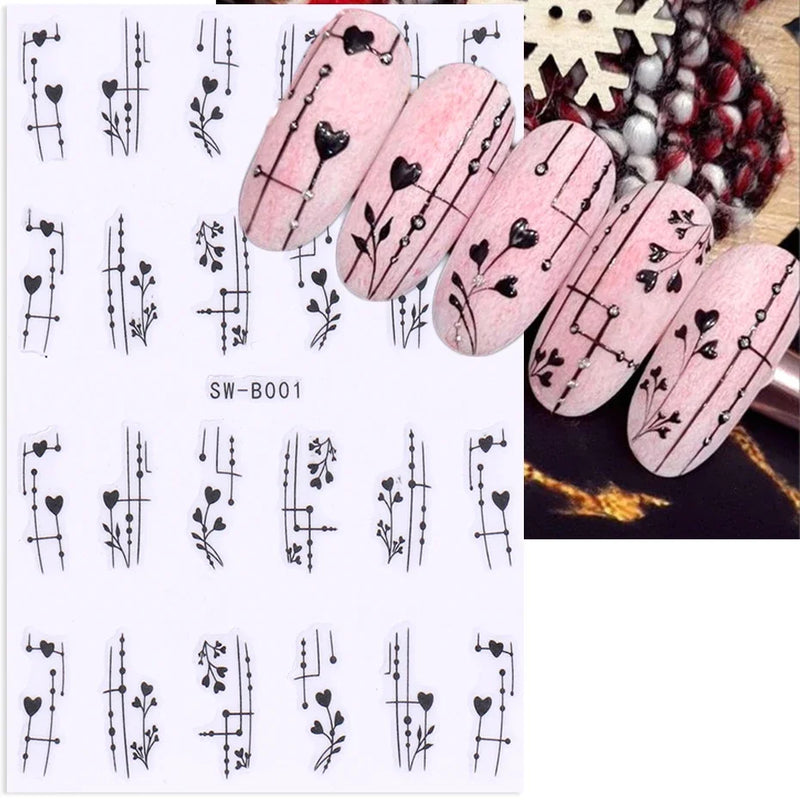 Red Wing Heart Nail Stickers 3D Glitter Stars Moon Lines Foil Metallic Manicure Valentines Decal Slider Manicure Decoration Tips