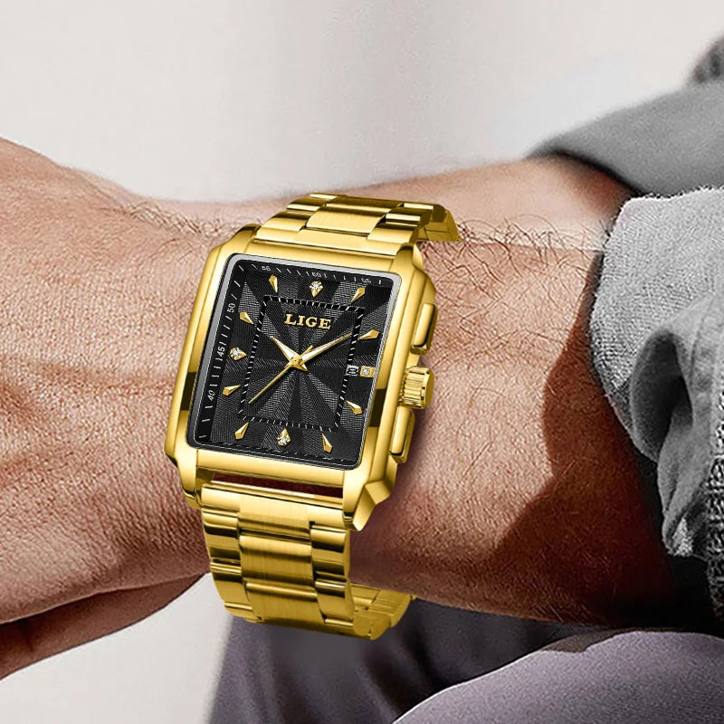 LIGE Gold Stainless Steel Men Watches Quartz Waterproof Luminous Male Clock Business Sport Mens Watch Luxury Calendar Man Watch