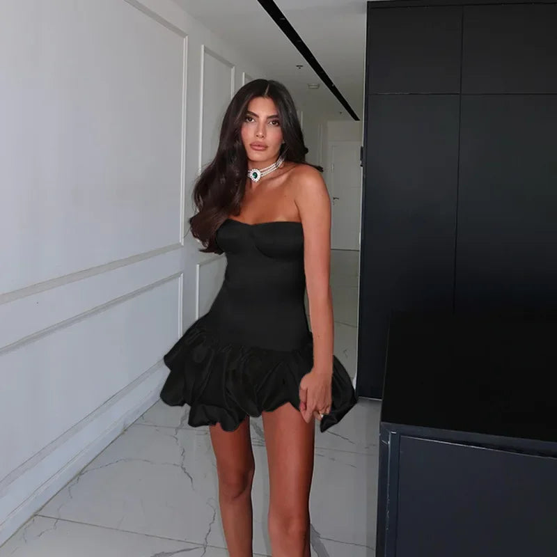 Fashion Sleeveless Backless High Waist Short Ruched Dresses for Women Sexy Strapless Slim A-line Pleated Mini Red Party Dress