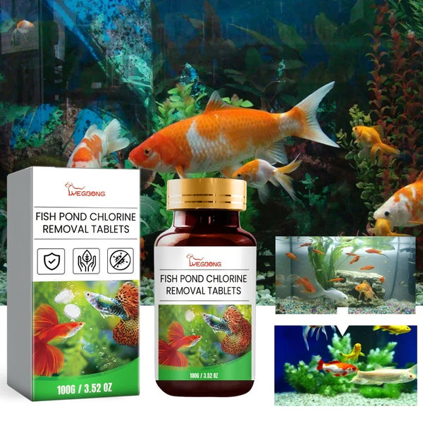 Fish tank chlorine removal tablets, aquarium, fish tank cleaning, decontamination, clear water, effervescent tablets