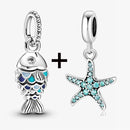 2Pcs/Lot Crystal Blue Scaled Fish Bead With Pendant Fit DIY Brand Charm Bracelet  For Women's Summer Jewelry To Making Gift