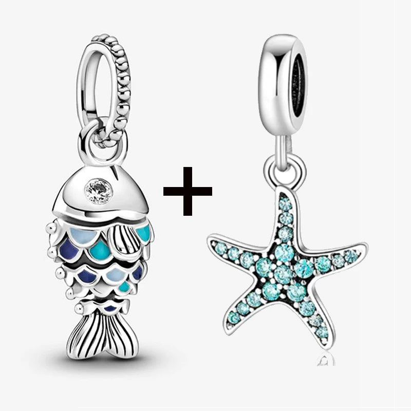 2Pcs/Lot Crystal Blue Scaled Fish Bead With Pendant Fit DIY Brand Charm Bracelet  For Women's Summer Jewelry To Making Gift