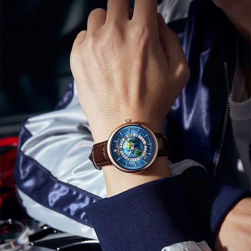 Tourbillon Earth Men's Watch Luminous 3D Mechanical Automatic Genuine Leather Waterproof High End Luxury relogios masculino