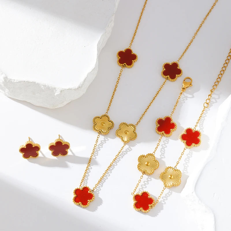 GANEMLY 316L Stainless Steel Red Plum Blossom Plant Leaf Flower Set Reversible Necklace Earrings Bracelet Women Clover Jewelry