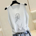 Hot Rhinestone Bright Silk Sleeveless Vest Women's Spring/Summer New Style V-neck Loose All-match Sling Knitted  Top T-shirt
