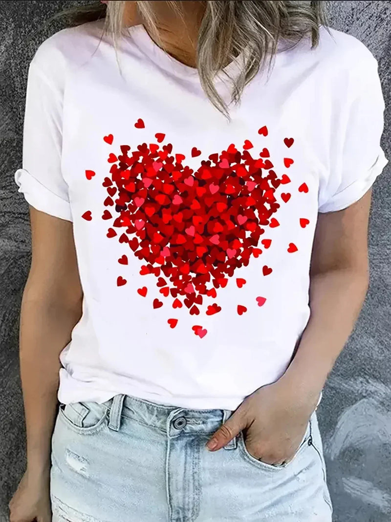 Heart Print T-Shirt for Valentine's Day Gifts Crew Neck Short Sleeve T-Shirt Casual Every Day Tops Women's Clothing
