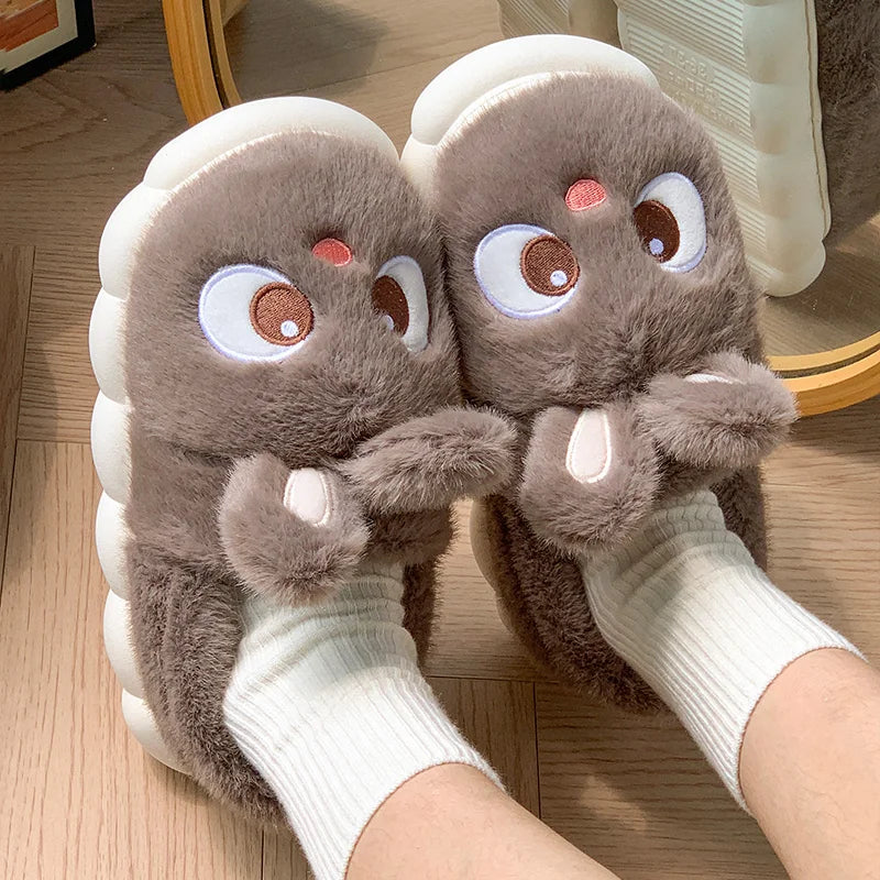 Cute Rabbit 2024 Women's Home Slippers Flat Heel New Women's Slippers Round Toe Casual Winter Warmth Daily Life Plaid Casual Autumn and Winter Shoes Fur Slippers Couple Slippers