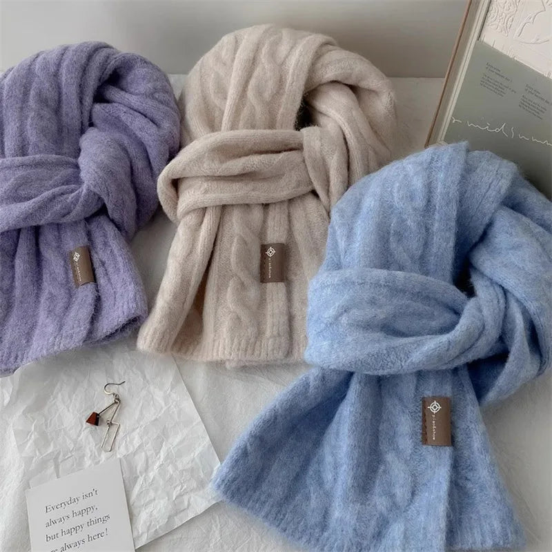 Pure Color Twist Knit Wool Blends Scarf Autumn Winter Lady Men Neckerchief Lovers Student Soft Warm Pashmina Shawl Muffler