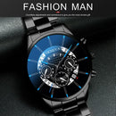 Luxury Hollow Out Men's Watches Fashion Business Calendar Blue Stainless Steel Mesh Belt Analog Quartz Watch Relogio Masculino