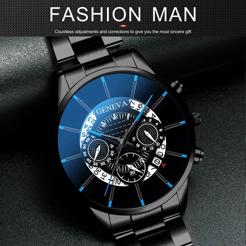 Luxury Hollow Out Men's Watches Fashion Business Calendar Blue Stainless Steel Mesh Belt Analog Quartz Watch Relogio Masculino