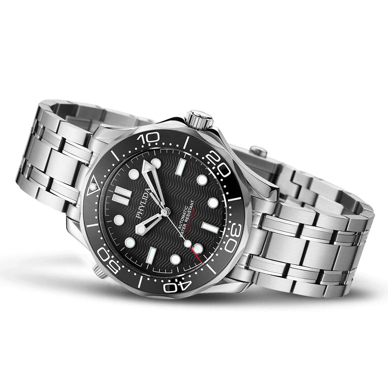 PHYLIDA Black Dial Diver 200 Men's Warch Sapphire Crystal NH38a Automatic Watch SLN BGW9 Lume SE-BK-38