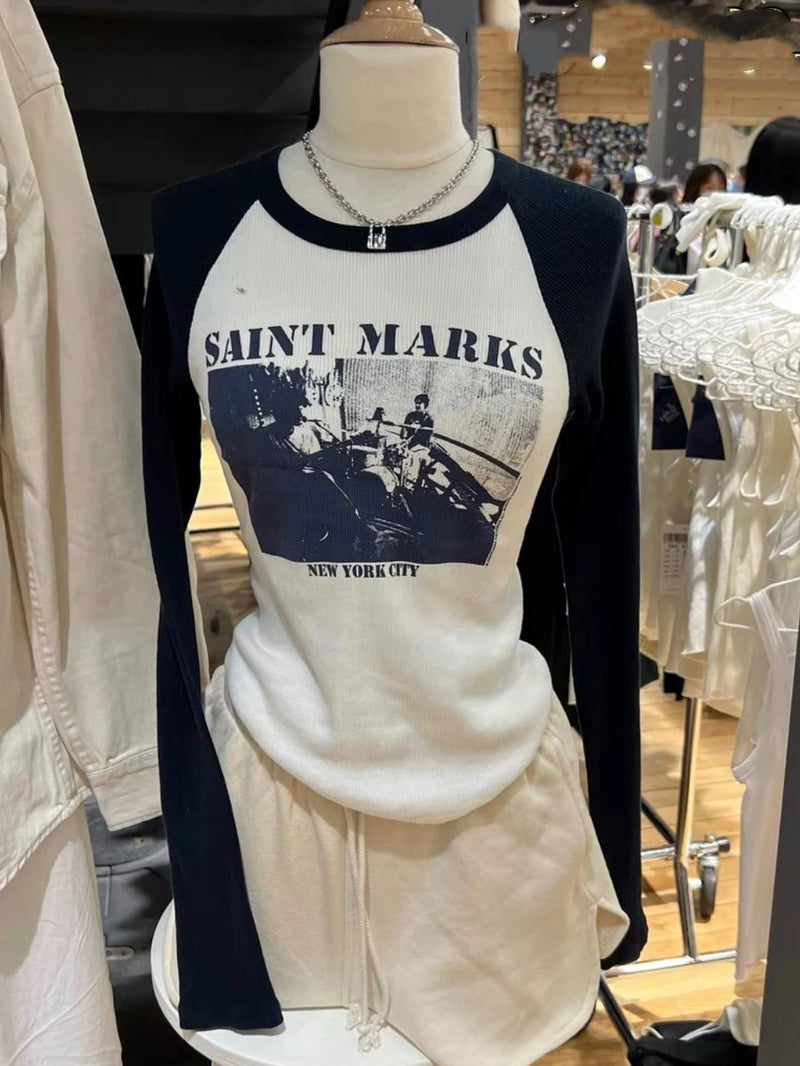 American Vintage 14 Print Long Sleeve Slim T-Shirt Woman Summer O-Neck Casual Tshirt Top Sweet Cute Streetwear Y2k Tees Tops