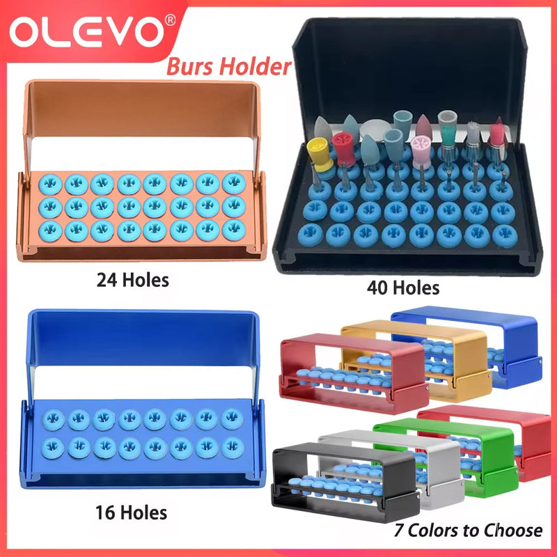 OLEVO Aluminum Dental Burs Holder Sterilizer Case Drills Block for High/Low Speed Bur Organizer Box With Silicone Autoclavable