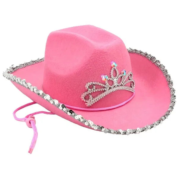 Women's Pink West Cowgirl Hat Girls Tiara Feather Felt Western Sequin Cowboy Cap Costume Party Dress Jazz Caps Cosplay Props