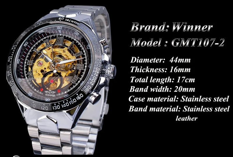 Winner Classic Series Golden Movement Steel Mens Skeleton Man Wrist Watch Mechanical Top Brand Luxury Fashion Automatic Watches