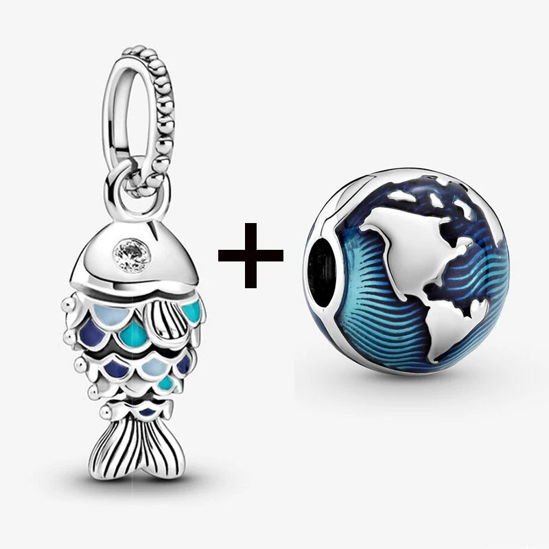 2Pcs/Lot Crystal Blue Scaled Fish Bead With Pendant Fit DIY Brand Charm Bracelet  For Women's Summer Jewelry To Making Gift