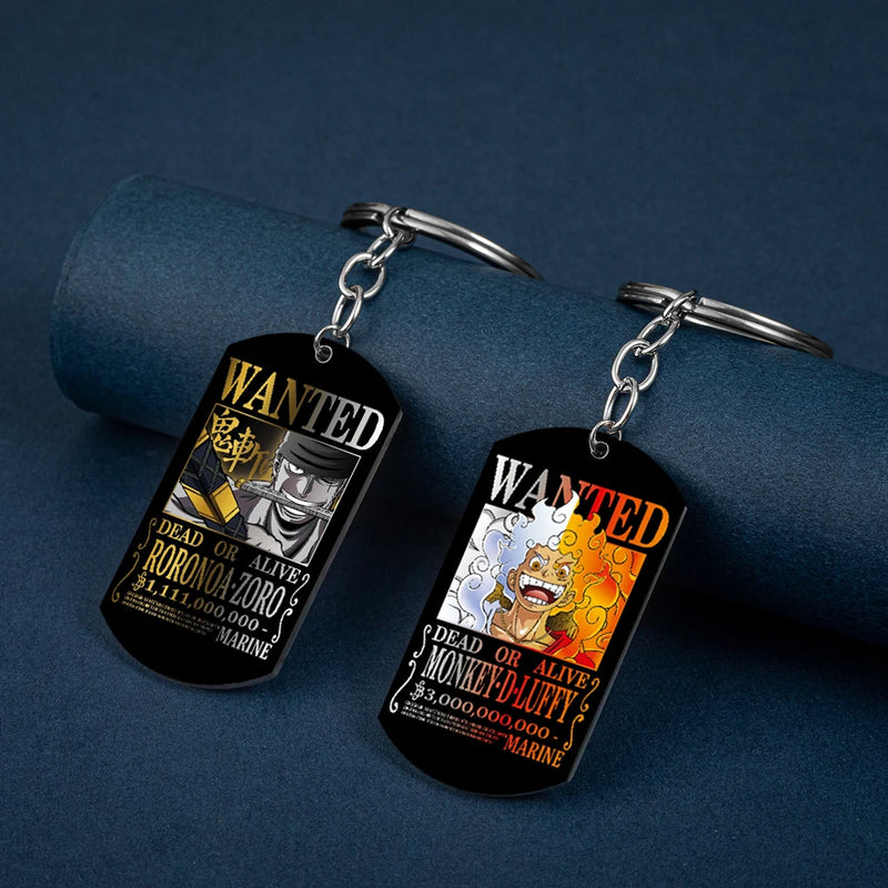 Stainless Steel Anime Keychain One Piece Luffy Ace Blackbeard Wanted Metal Key Holder Pendants Key Chains Souvenir Trinket Gift