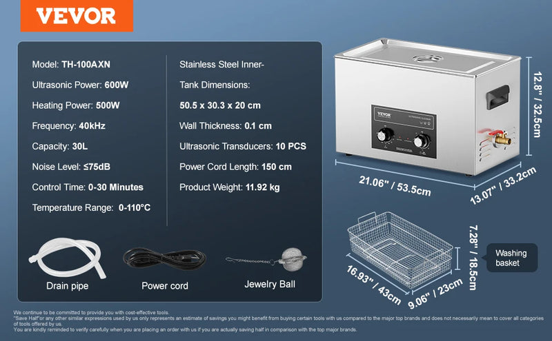 VEVOR Ultrasonic Cleaner with Heater Timer 2/3/6/10/15/30L for Lab Tools Metal Parts Carburetor Brass Auto Parts Engine Parts