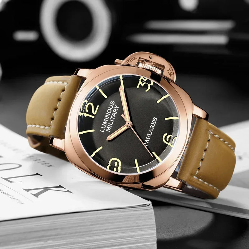 Automatic Watches for Men Mechanical Genuine Brown Leather Yellow Green Military 44mm Luxury Rose Gold Reloj Hombre Baratos