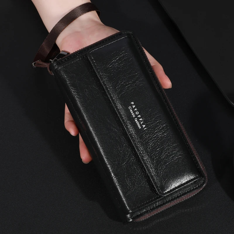 Men's PU Zipper Handbag Large Capacity Long Wallet Clutch Bag Phone Bag Multi Card Card Holder Coin Purse Wallet Double Layer