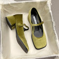 Women's Shoes High Heels 2023 New Spring and Autumn Square-headed Button with Thick Heel Suede Buckle Mary Jane
