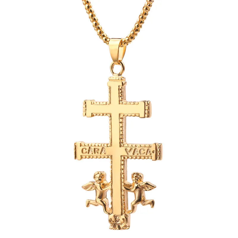 Catholic Caravaca Crucifix Orthodox Russian Cross Necklace Pendant With Cherub Angel Best Christian Necklace Jewelry Gifts