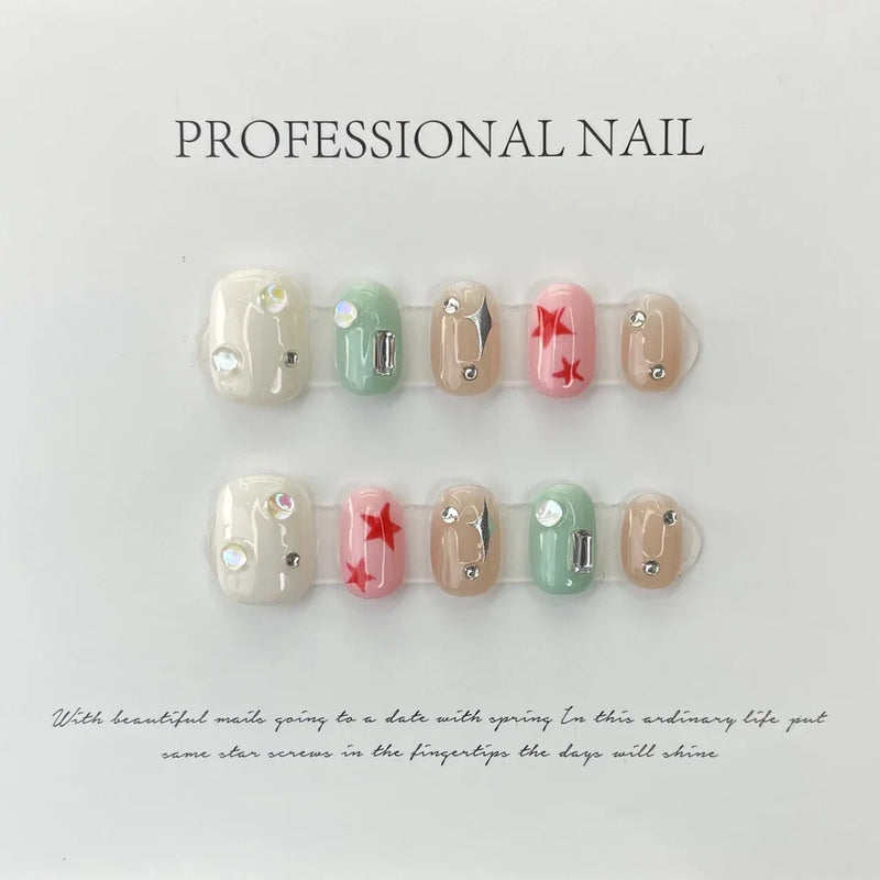 Uñas postizas acrílicas artificiales cortas con diseño de estrella de fiesta coreana, hechas a mano, con cobertura total para niñas.