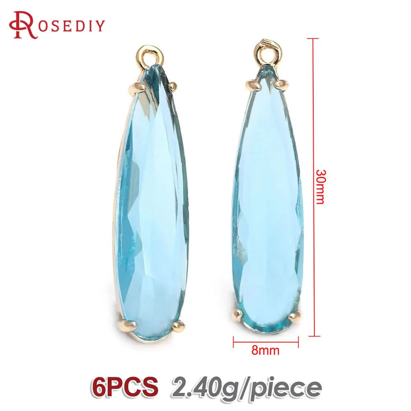 6PCS 8x30MM High Quality Champagne Gold Color Brass and Glass Long Drop Shape Charms Pendants Jewelry Making Diy Accessories