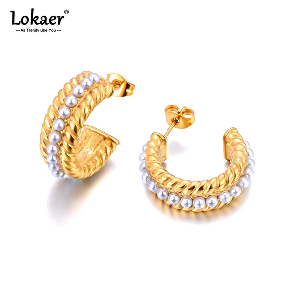 Lokaer New Elegant Imitation Pearls Stainless Steel 18K Plated Round Huggie Hoop Earrings Golden Charm Jewelry For Women E24072