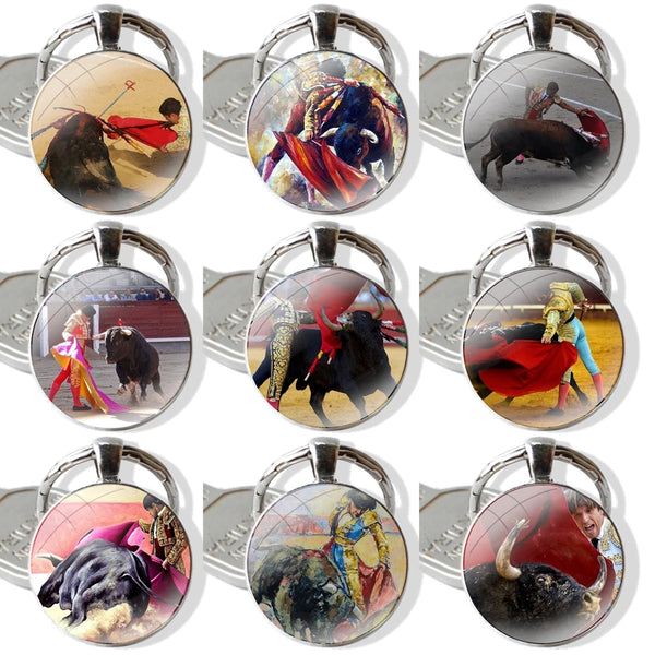 Bullfighting Spanish Bullfight Pattern 25mm Glass Cabohcon Keychain Key Rings for Women Men Jewelry Gift