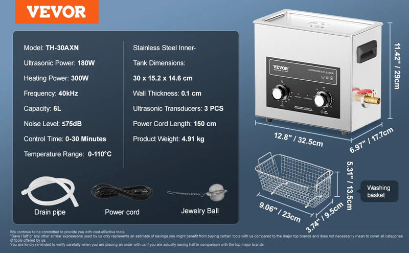 VEVOR Ultrasonic Cleaner with Heater Timer 2/3/6/10/15/30L for Lab Tools Metal Parts Carburetor Brass Auto Parts Engine Parts