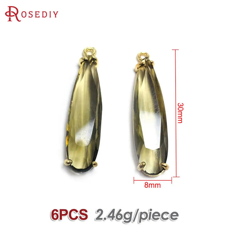 6PCS 8x30MM High Quality Champagne Gold Color Brass and Glass Long Drop Shape Charms Pendants Jewelry Making Diy Accessories