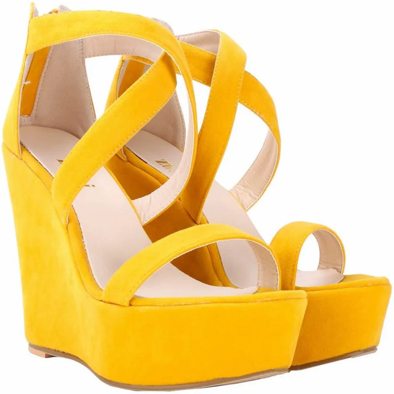 Fashion Platform Female Wedge Sandals 2025 Open Toe Back Zipper High Heels Shoes Hollow Flock Red Yellow Women Party Dress Pumps