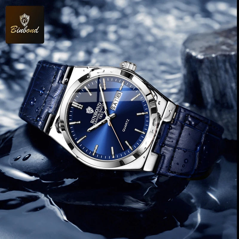 BINBOND New Authentic Youth Men's Quartz Watchwith Fashion Leather Strap Waterproof Luminous Calendar Luxury Business Men Watch