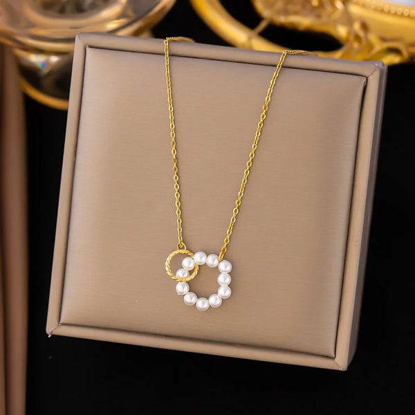 Imitation Pearl Stainless Steel Double Circles Pendant Necklace for Women Gold Color Minimalist Choker Neck Chains Jewelry Gift