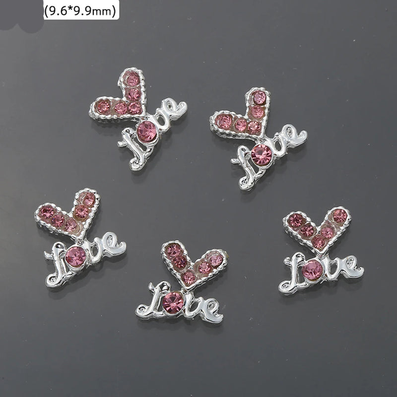 10Pcs Pink Metal Gem Zircon Nail Art Charm 3D Luxurious Heart Ribbon Cross Starlight Nail Decoration DIY Zircon Nail Accessories