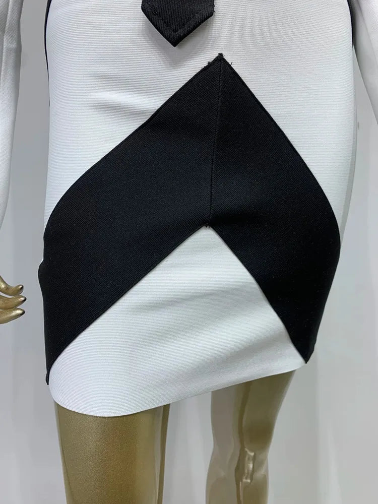Women Sexy Long Sleeve Patchwork Black White Tie Cut Out Mini Bandage Dress 2023 Elegant Christmas Evening Club Party Dress