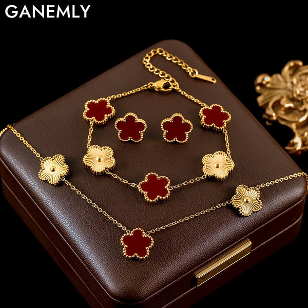 GANEMLY 316L Stainless Steel Red Plum Blossom Plant Leaf Flower Set Reversible Necklace Earrings Bracelet Women Clover Jewelry