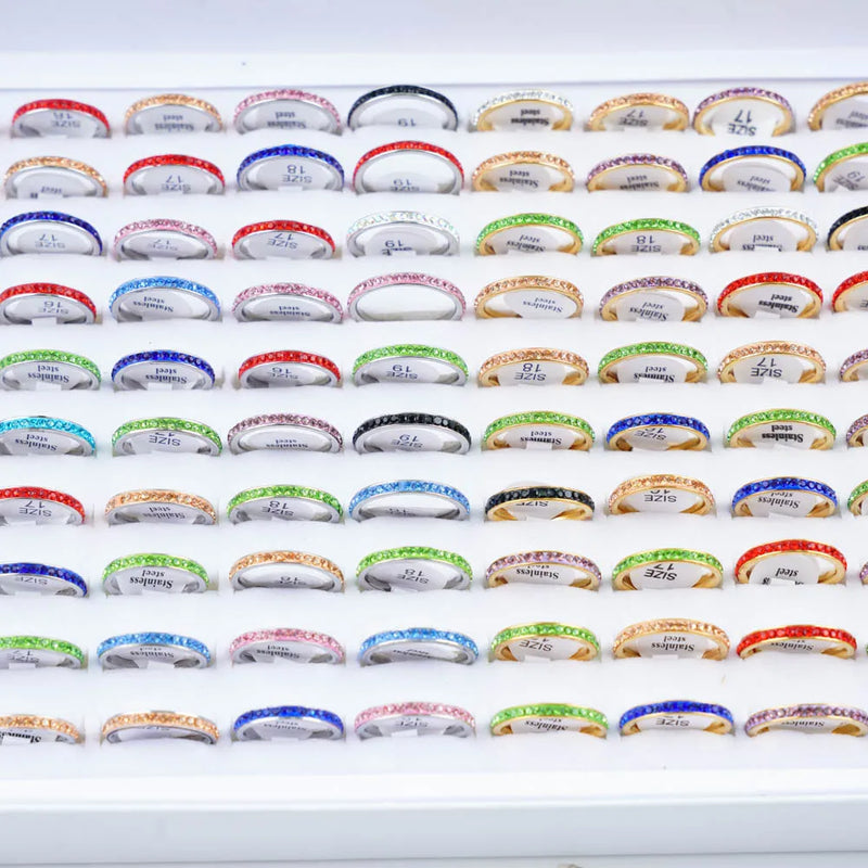 10Pcs/Lot Fashion Classic Rhinestone Stainless Steel Rings For Women Simple Shiny Colorful Finger Jewelry Wedding Party Gifts