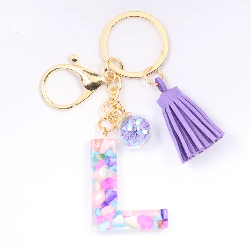 Women ew Crystal Epoxy Tassel Keychain Pendant Girl Heart English Capital Letter Stone Key K5158