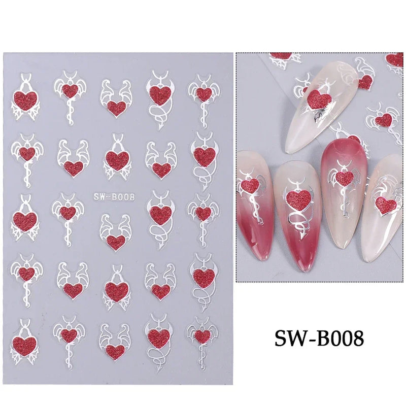 Red Wing Heart Nail Stickers 3D Glitter Stars Moon Lines Foil Metallic Manicure Valentines Decal Slider Manicure Decoration Tips