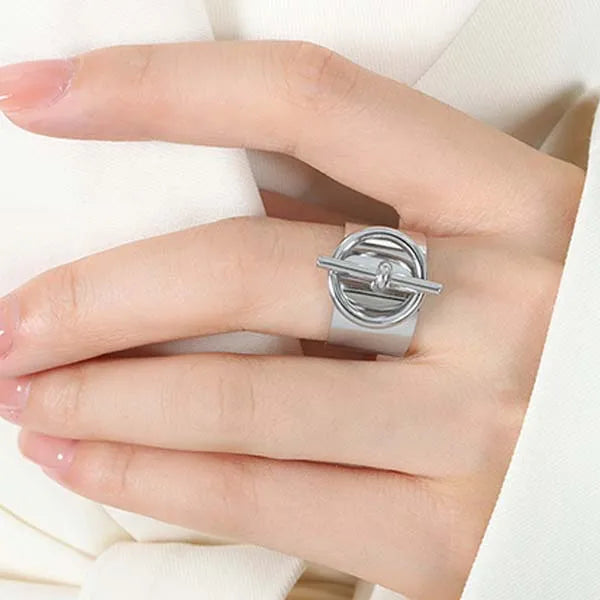 Titanium Steel Ring for Women Gold Color Wide Ring with Circle Punk Round Geometric Open Chain Finger Rings Party Jewelry Gifts