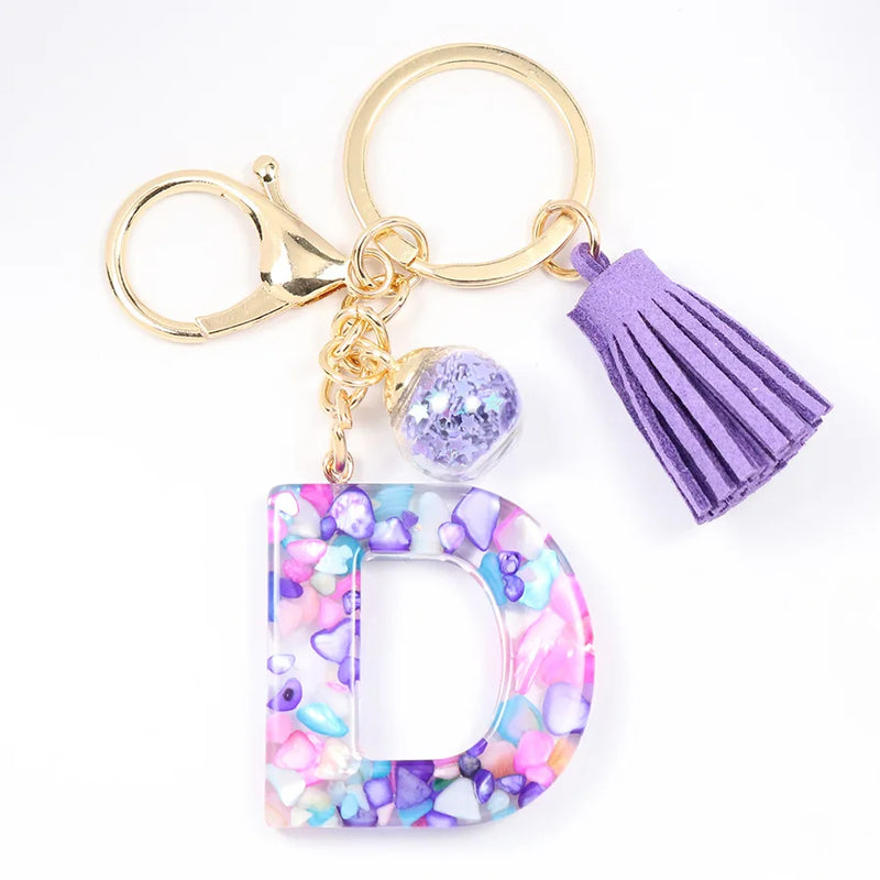 Women ew Crystal Epoxy Tassel Keychain Pendant Girl Heart English Capital Letter Stone Key K5158